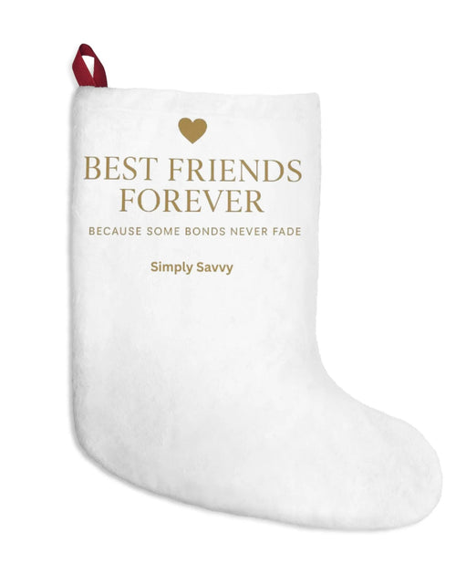 Load image into Gallery viewer, Best Friends Forever personalized Christmas stocking for best friends

Holiday friendship stocking with Best Friends Forever design

Christmas gift stocking for best friend with personalized name

Soft red and white Best Friends Forever holiday stocking
