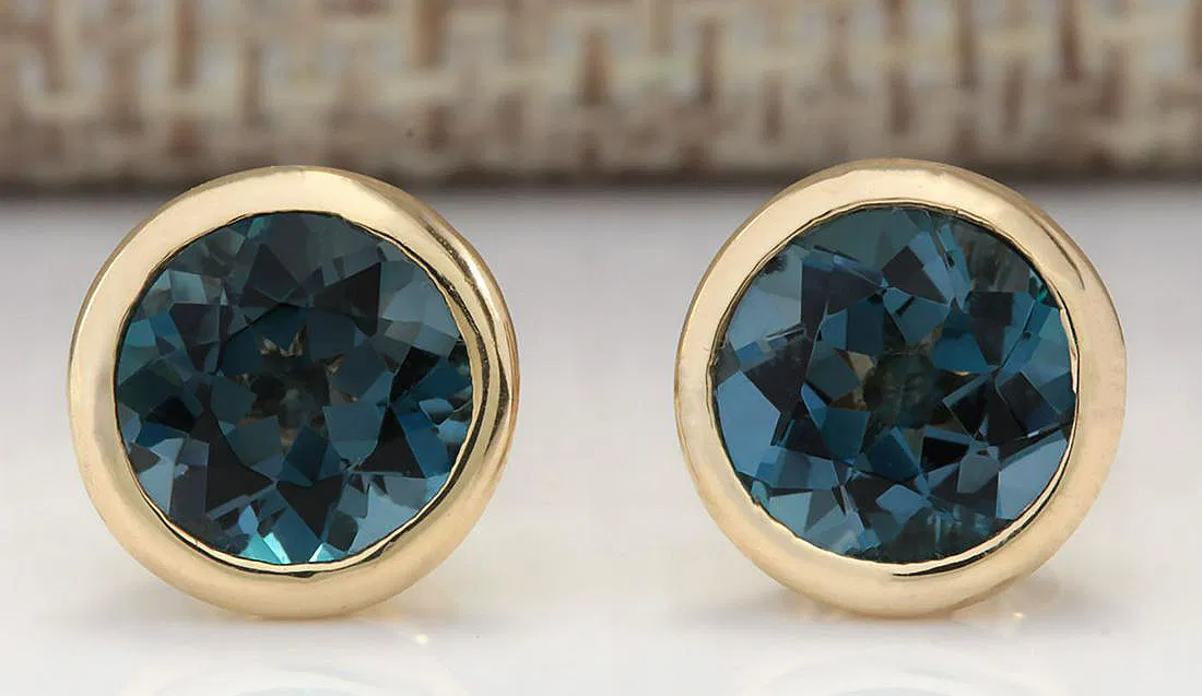 3.00 CTW Natural London Blue Topaz Stud Earrings – Solid 18K Yellow Gold