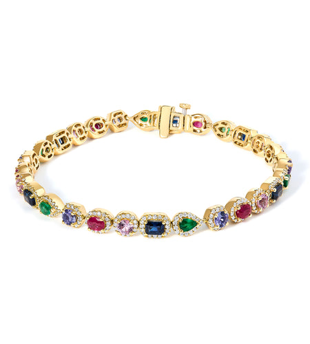 14K Gold Rainbow Gemstone & Diamond Tennis Bracelet | Simply Savvy