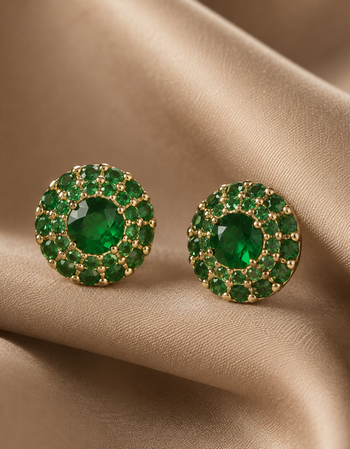 Load image into Gallery viewer, Emerald Halo Luxe Stud Earrings | Sterling Silver &amp; 18K Gold Overlay
