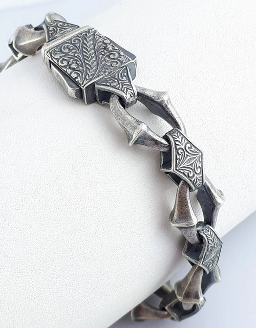 Load image into Gallery viewer, Heritage Forge Silver Bracelet-Heavy 926 Sterling Silver Engraved Link Bracelet – Ornate Artisan Box Clasp (8.66")
