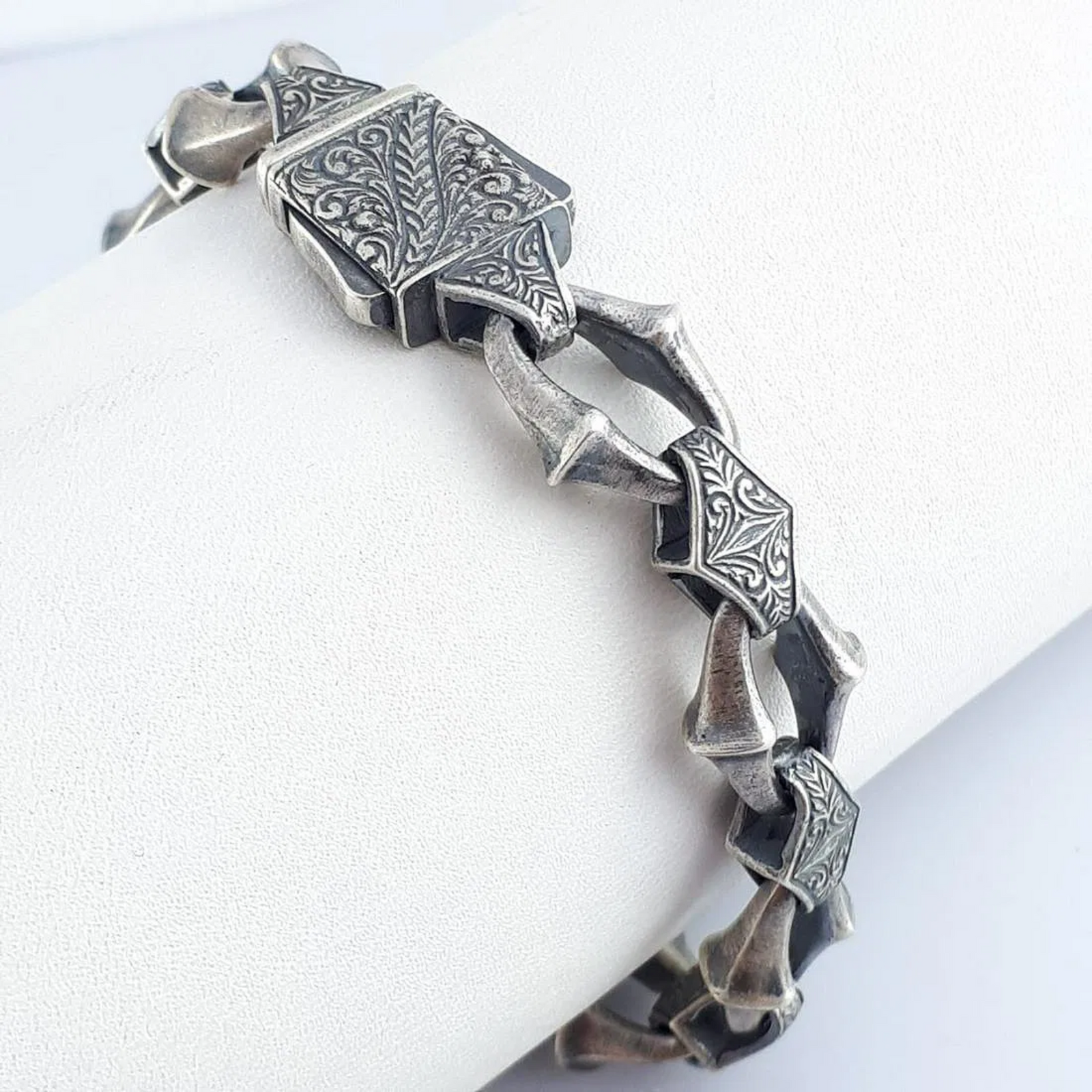 Heritage Forge Silver Bracelet-Heavy 926 Sterling Silver Engraved Link Bracelet – Ornate Artisan Box Clasp (8.66")