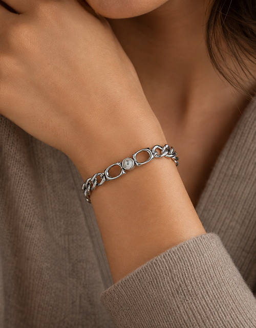 Load image into Gallery viewer, Coach Silver-Tone Pearl Link Chain Bracelet 7.5” + Extender
