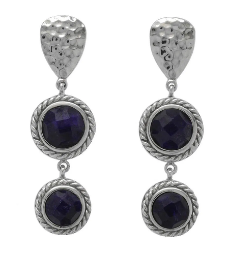 Sterling Silver Blue Corundum Drop Earrings – Hammered Rhodium Finish | Stormy Nights Collection