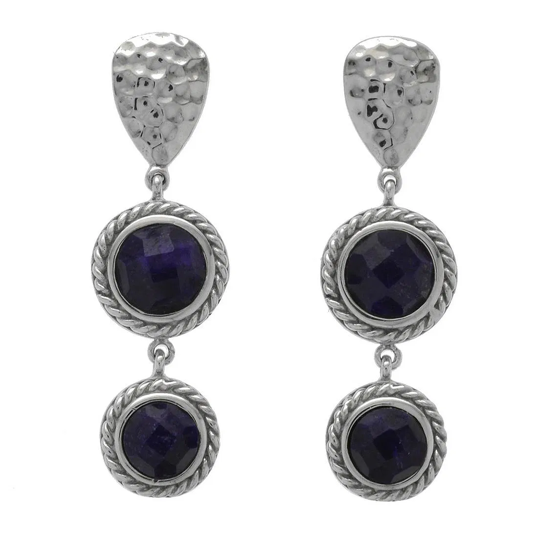 Sterling Silver Blue Corundum Drop Earrings – Hammered Rhodium Finish | Stormy Nights Collection