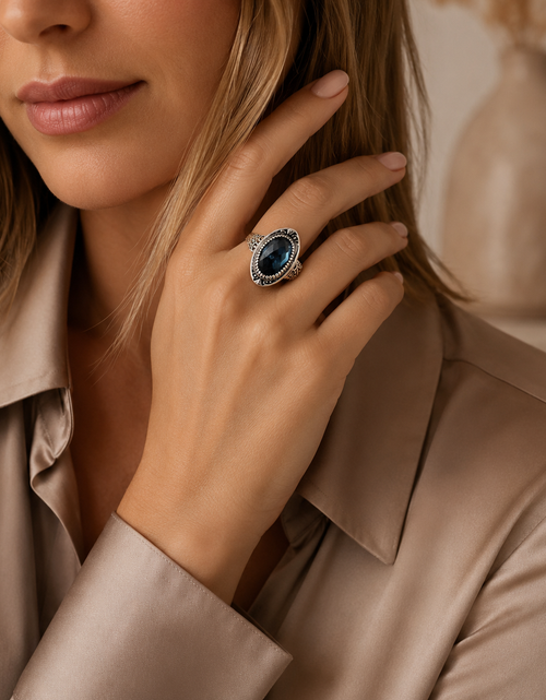 Load image into Gallery viewer, Midnight Bali - London Blue Topaz Quartz Balinese SS Statement Ring
