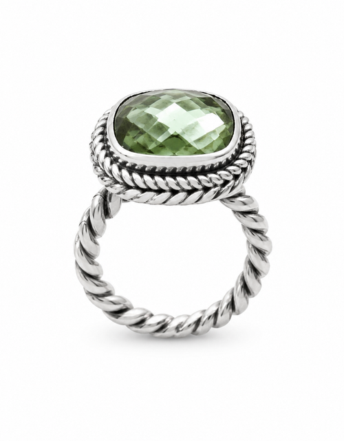 Load image into Gallery viewer, Sage Green Amethyst Quartz Sterling Silver Rope Band Bali Ring
