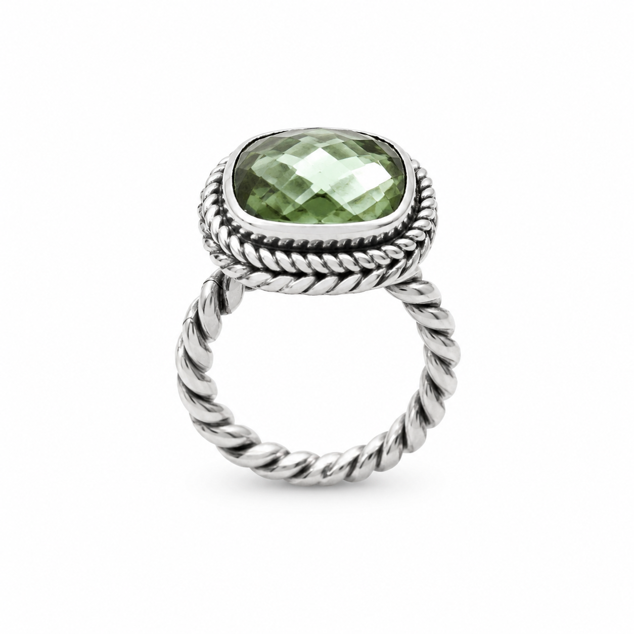 Sage Green Amethyst Quartz Sterling Silver Rope Band Bali Ring