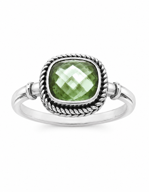 Load image into Gallery viewer, Sage Green Amethyst Quartz Sterling Silver Rope Band Bali Ring
