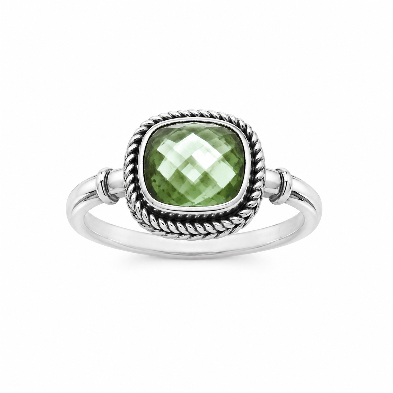 Sage Green Amethyst Quartz Sterling Silver Rope Band Bali Ring