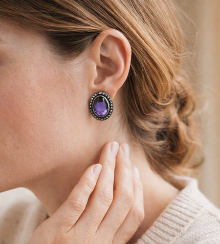 Sterling Silver Oval Amethyst Earrings (6.0 TCW) – Bezel Set Purple Gemstone