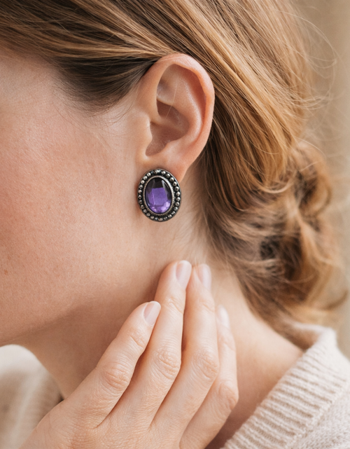 Load image into Gallery viewer, Sterling Silver Oval Amethyst Earrings (6.0 TCW) – Bezel Set Purple Gemstone
