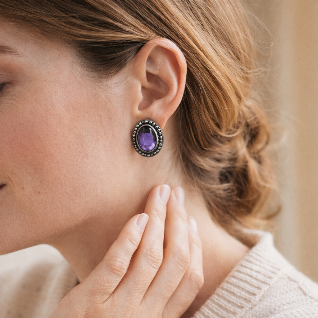 Sterling Silver Oval Amethyst Earrings (6.0 TCW) – Bezel Set Purple Gemstone