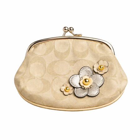 Coach Signature Canvas Floral Kisslock Coin Purse – Beige Gold Mini Wallet