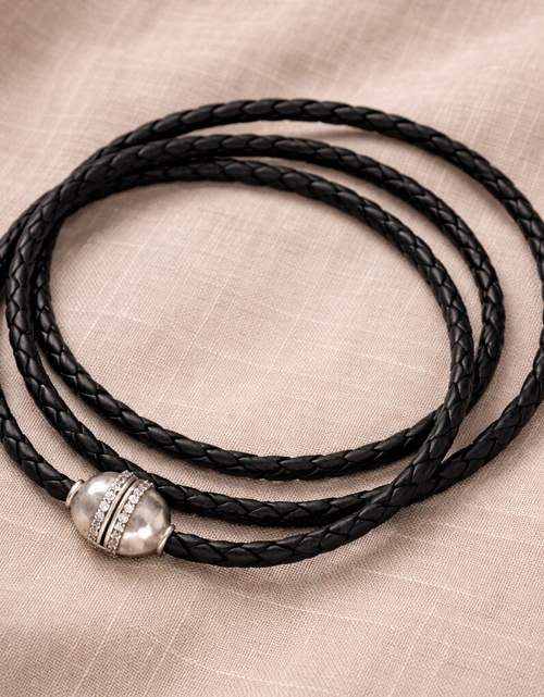 Load image into Gallery viewer, Retired Silpada Leather Wrap Bracelet / Choker Necklace – Sterling Silver &amp; CZ Clasp
