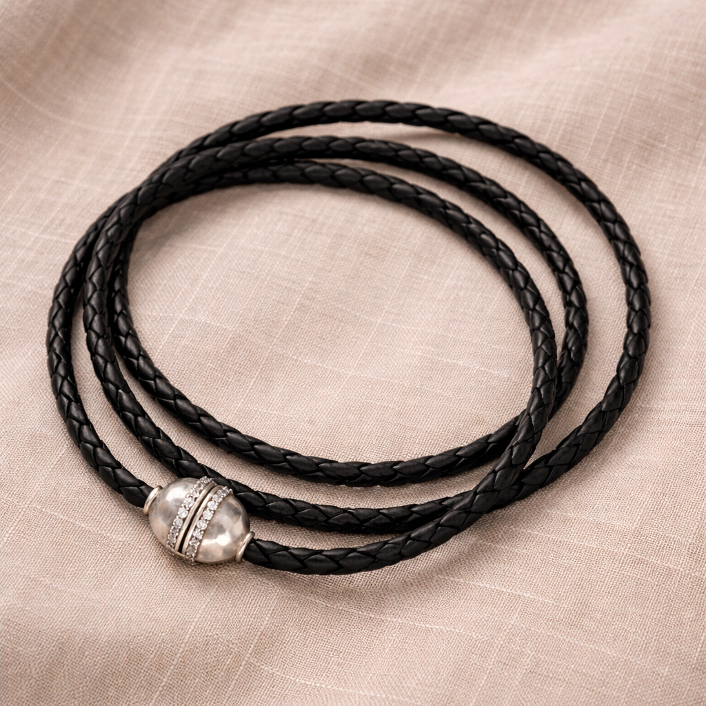 Retired Silpada Leather Wrap Bracelet / Choker Necklace – Sterling Silver & CZ Clasp