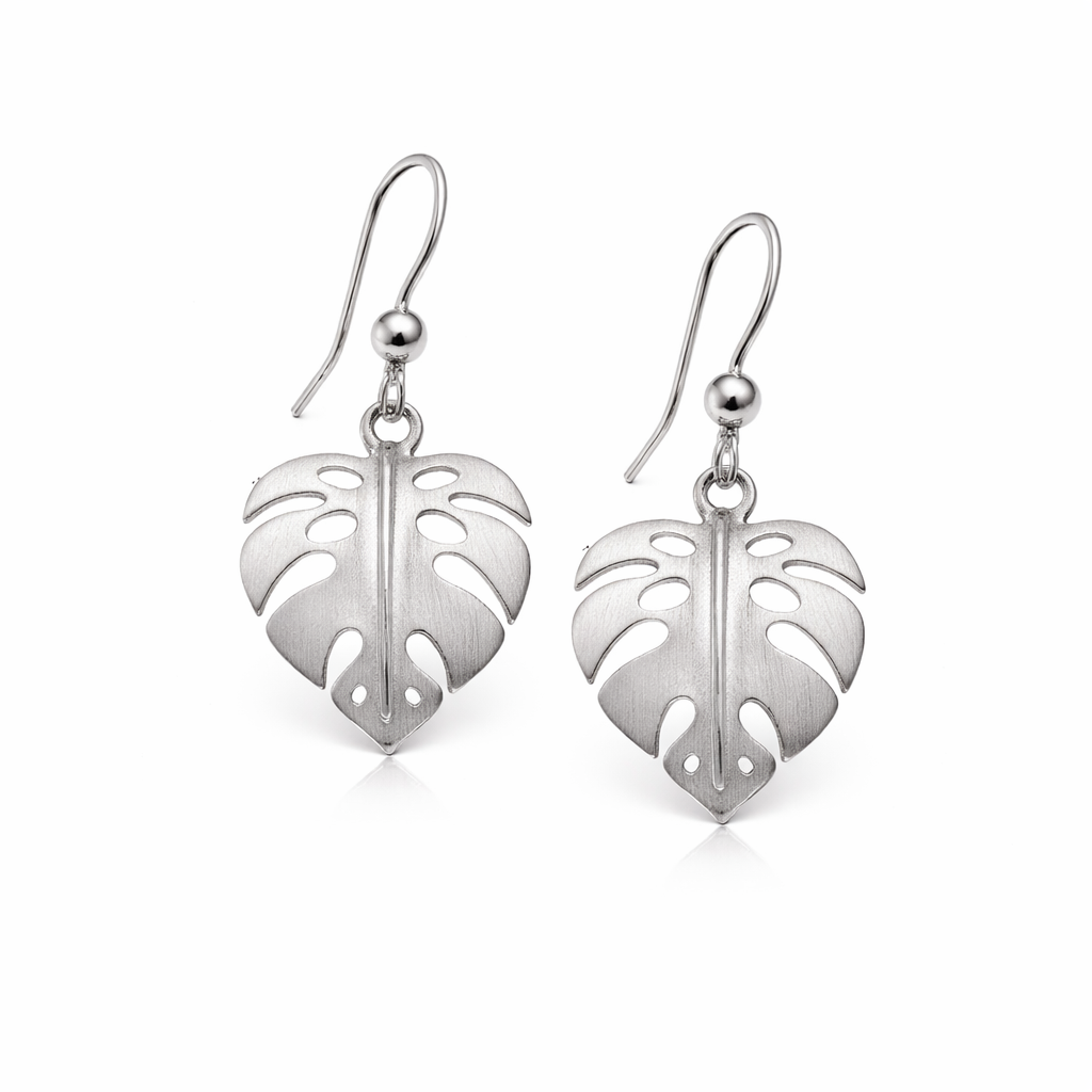 925 Sterling Silver “Tropical Monstera Leaf” Drop Earrings