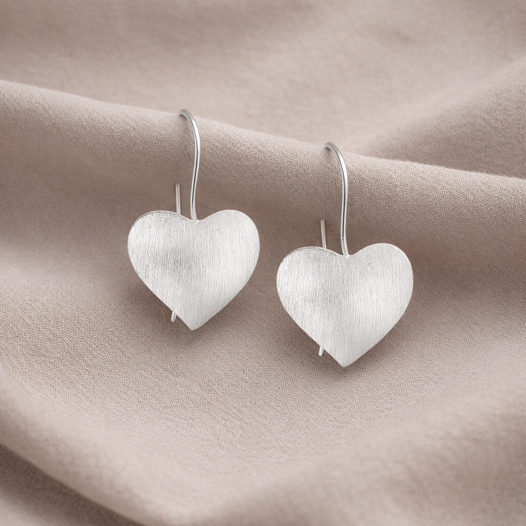 925 Sterling “Matte Silver Heart Drop Earrings”