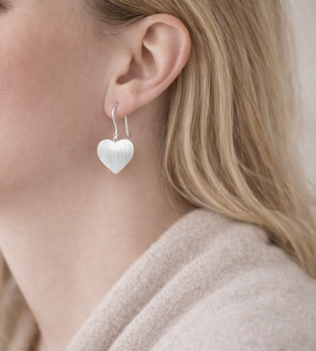 925 Sterling “Matte Silver Heart Drop Earrings”