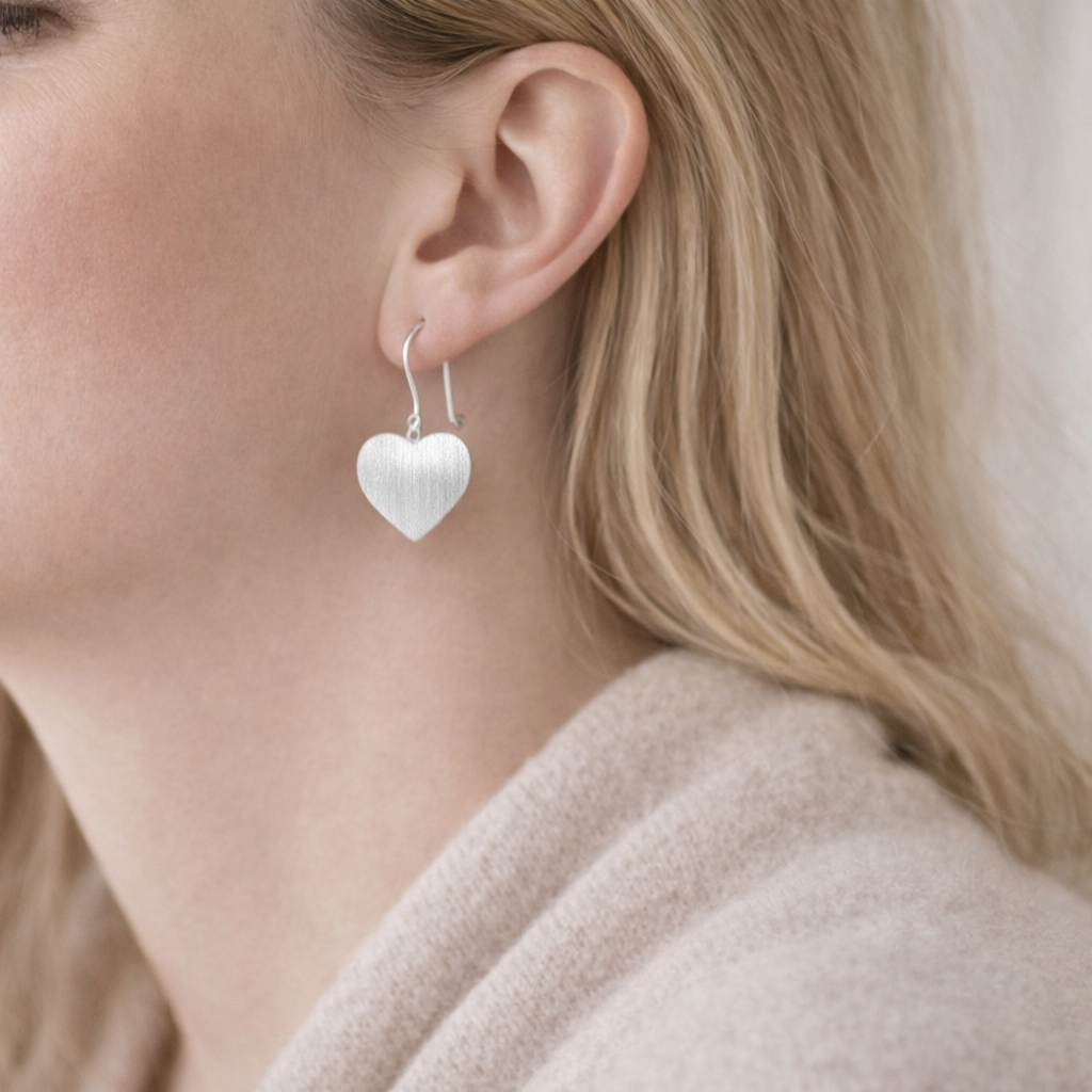 925 Sterling Silver Matte Heart Drop Earrings