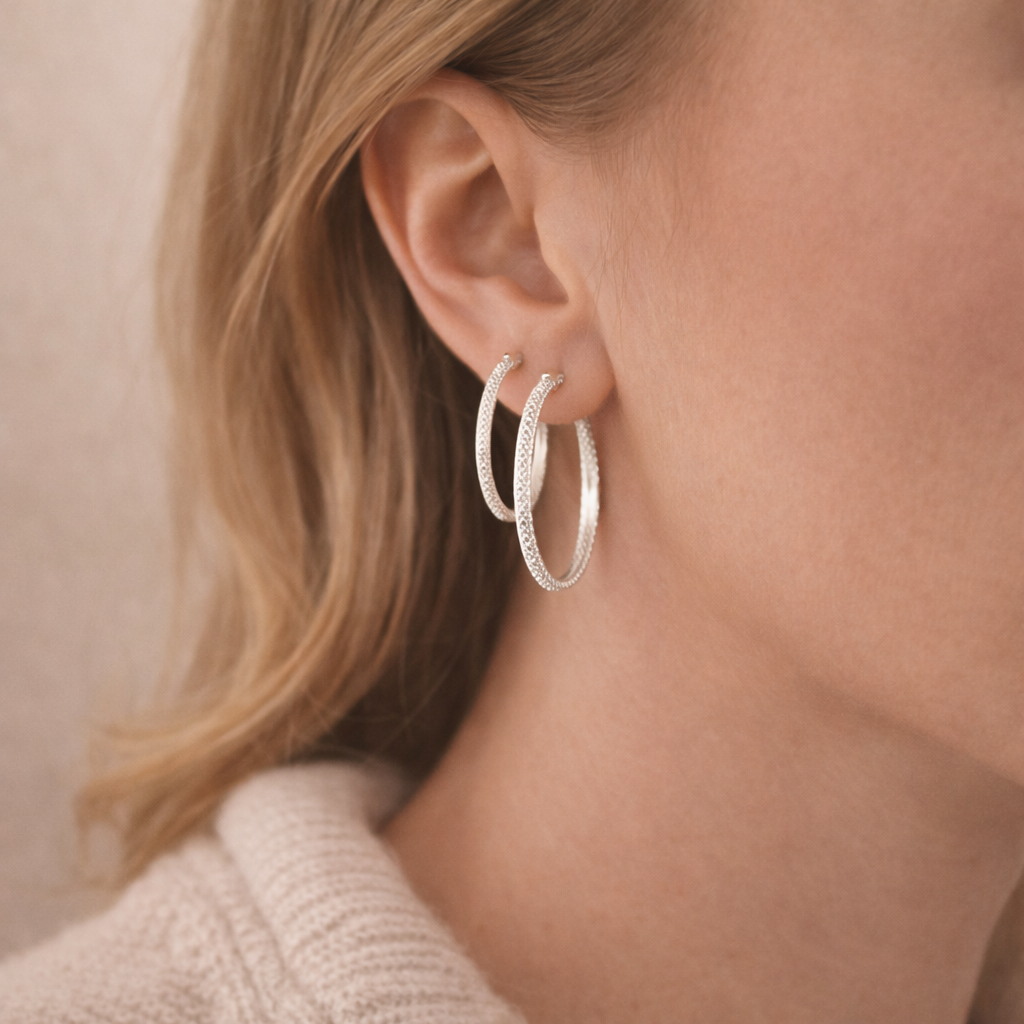 925 Sterling Silver “Diamond Spark Hoops” – Sparkle Textured Hoops