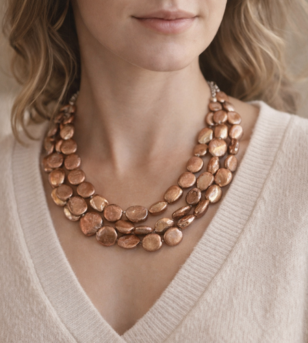 Pre-Owned Silpada Bronze Coin Pearl 3-Strand Necklace - Retired Design