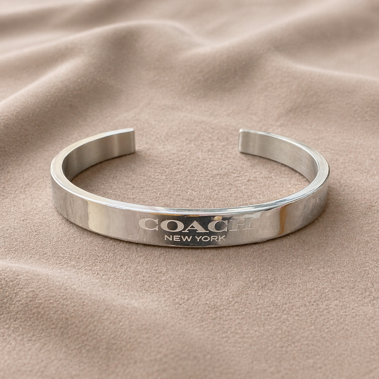 Coach Silver Tone Logo Cuff Bracelet – Polished Open Bangle