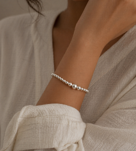 925 Sterling Silver: “Minimalist Silver Ball Stretch Bracelet”