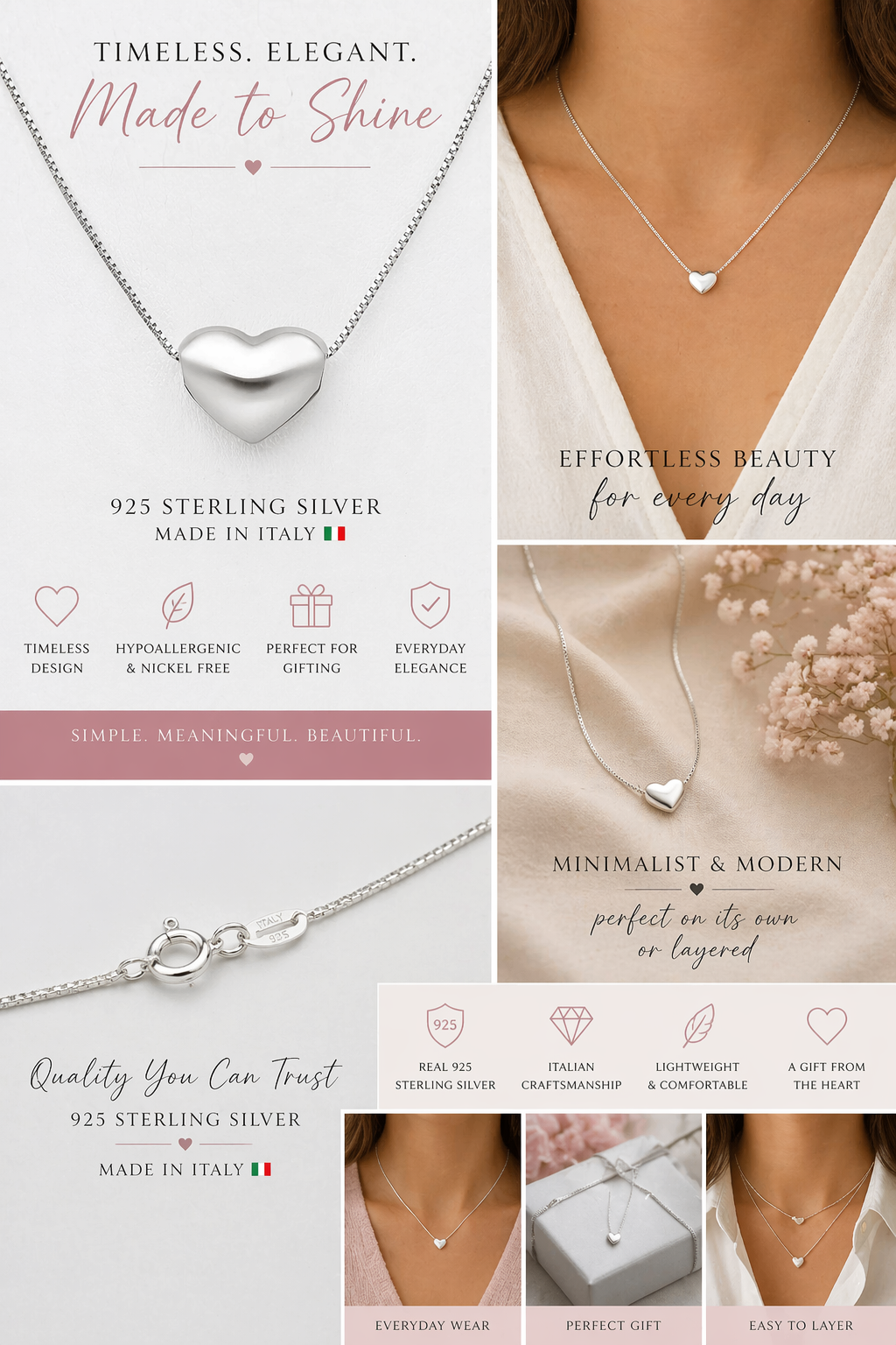 925 Sterling Silver Italian Heart Necklace 16” Minimalist Pendant