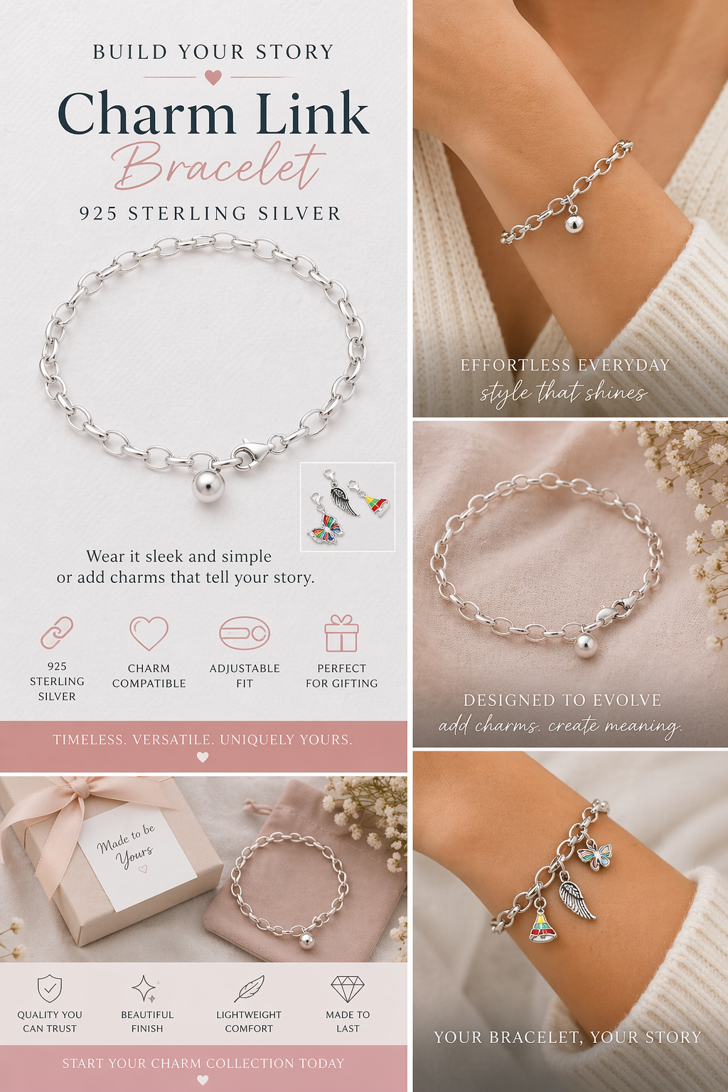 925 Sterling Silver Charm Link Bracelet 7.5” Adjustable