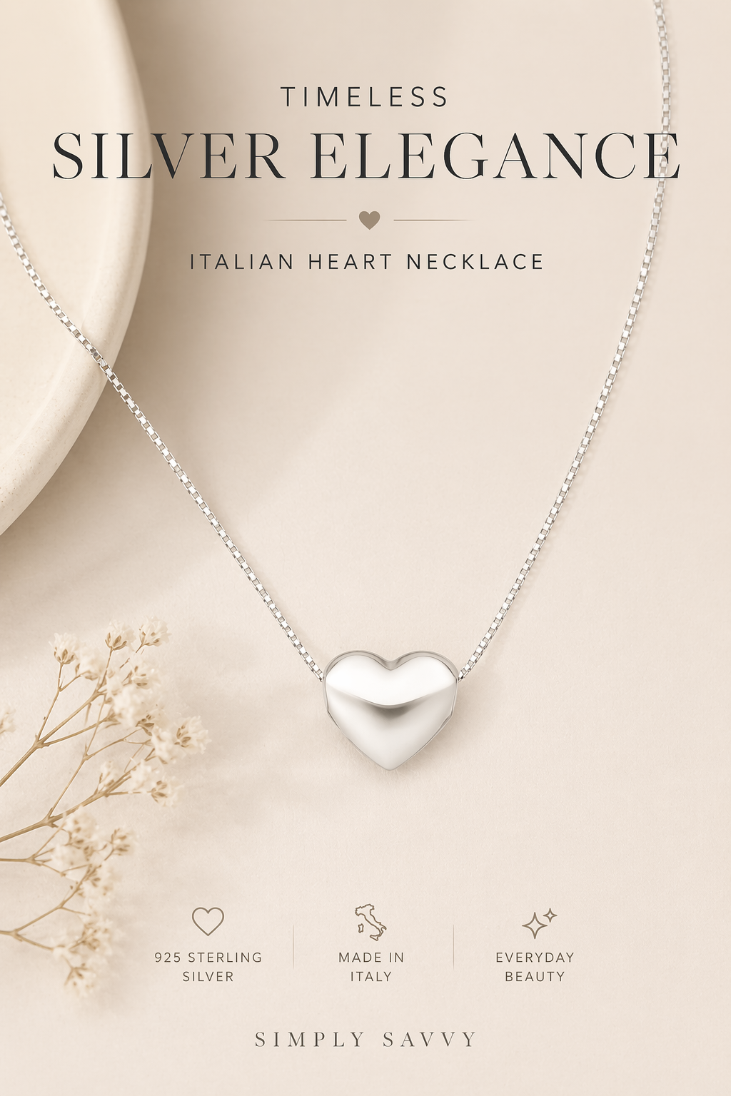 925 Sterling Silver “Italian Whisper Heart” Necklace – Minimalist Love Pendant, Made in Italy