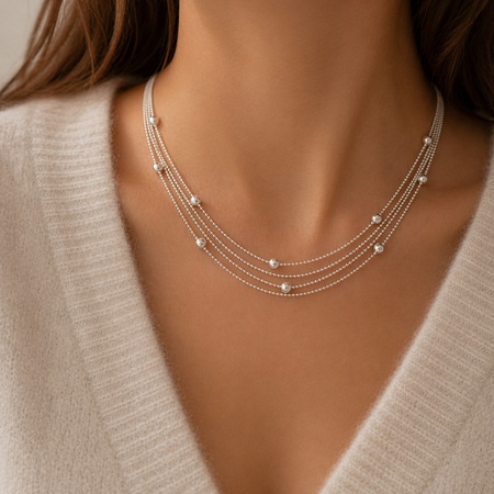 925 Sterling Silver Italian Cascade Layered Ball Necklace