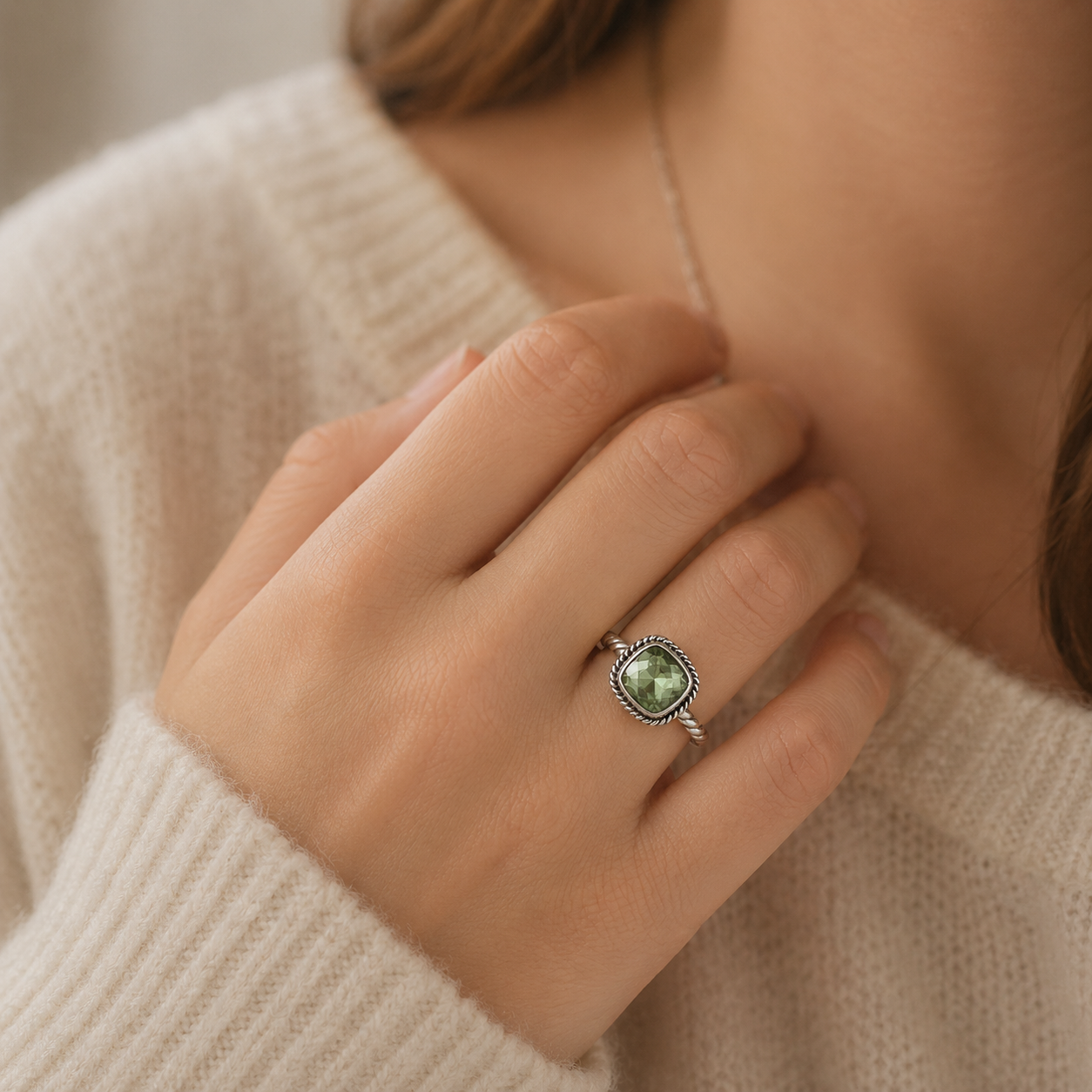 Simply Savvy Bali Artisan Sterling Silver Green Amethyst Ring – Handcrafted 925 Silver Luxury Cushion-Cut Gemstone Ring