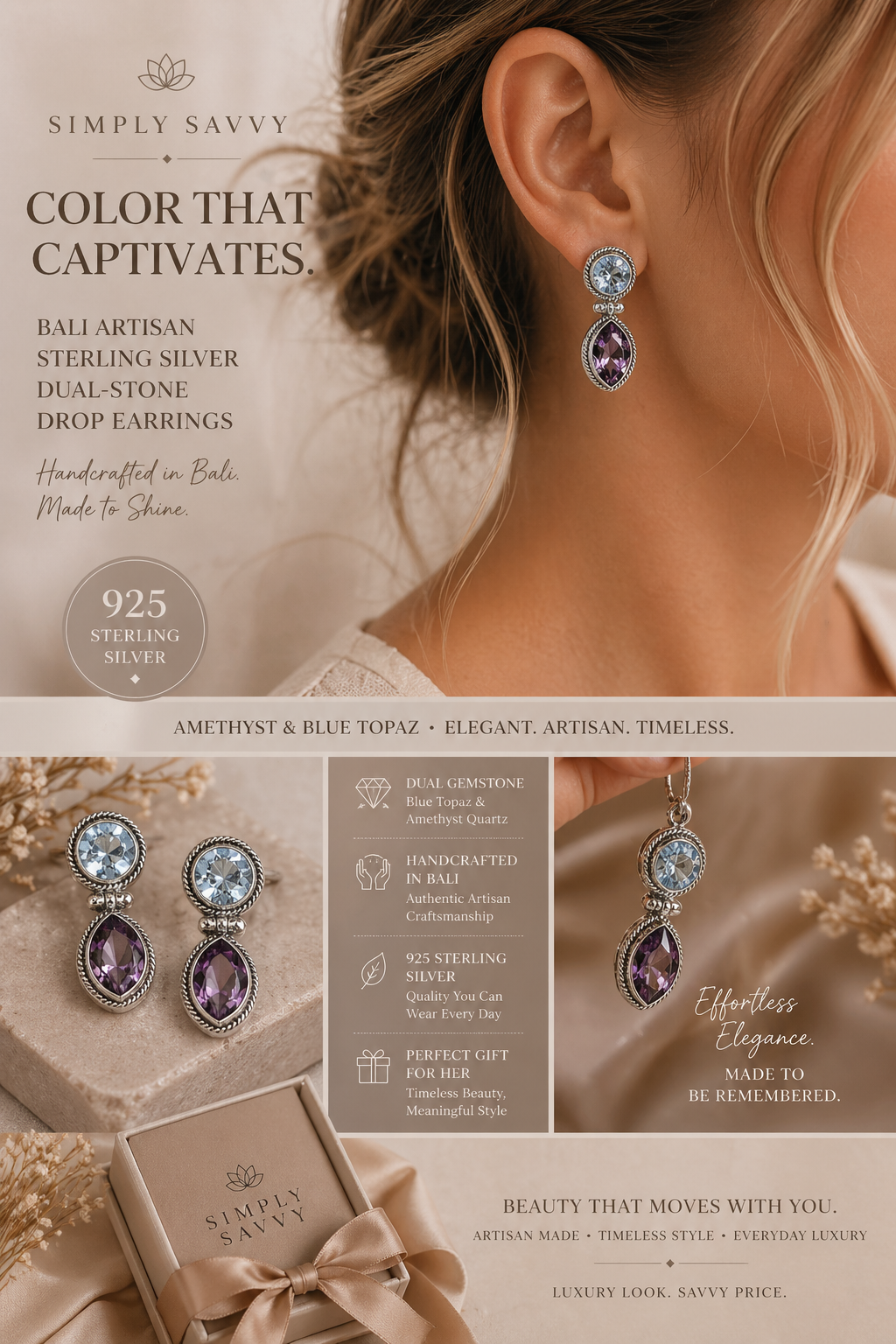 Simply Savvy Bali Artisan Sterling Silver Amethyst & Blue Topaz Dual-Stone Drop Earrings – 925 Luxury Jewelry