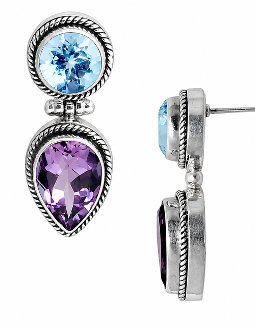 Load image into Gallery viewer, Simply Savvy Bali Artisan Sterling Silver Amethyst &amp; Blue Topaz Dual-Stone Drop Earrings – 925 Luxury Jewelry

