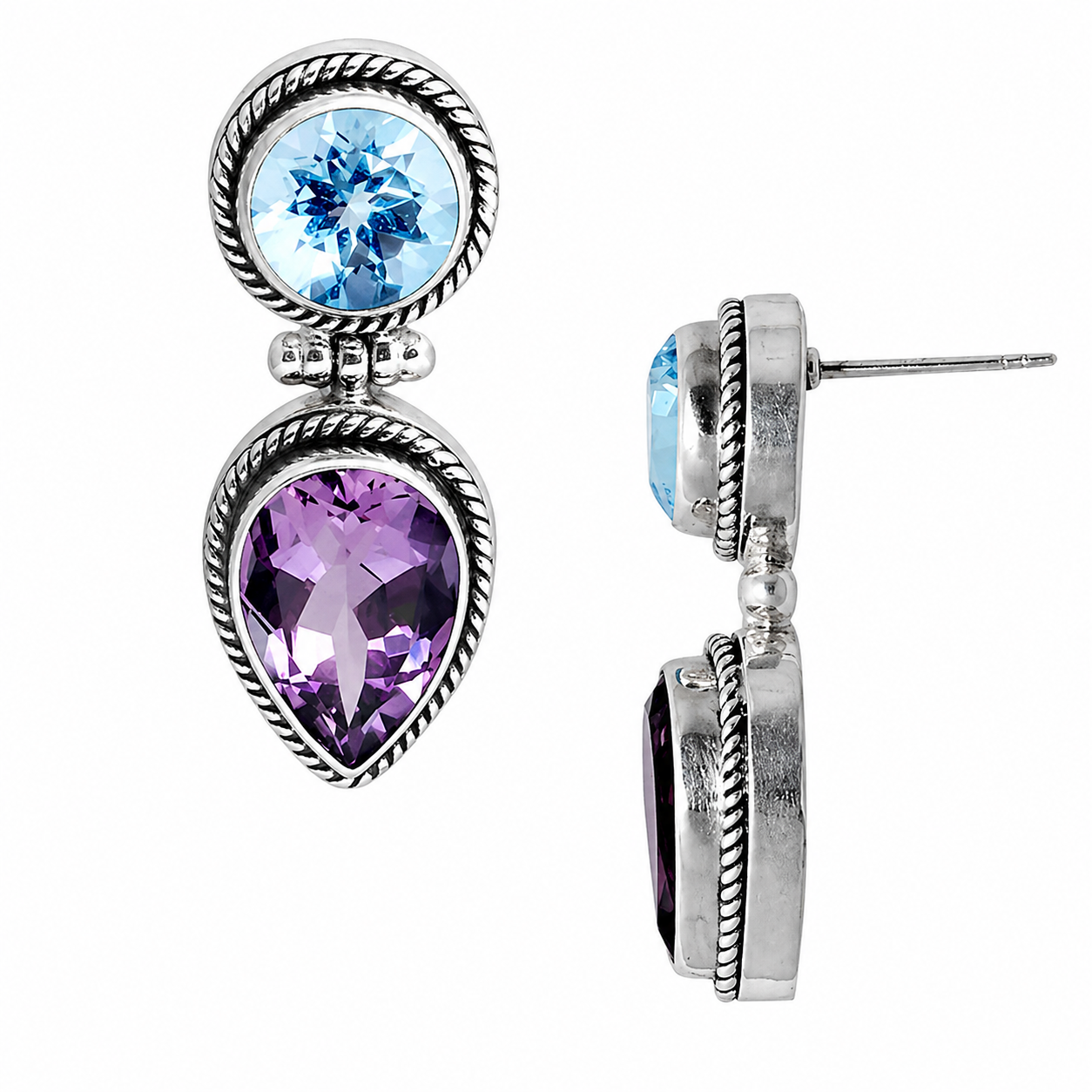 Simply Savvy Bali Artisan Sterling Silver Amethyst & Blue Topaz Dual-Stone Drop Earrings – 925 Luxury Jewelry
