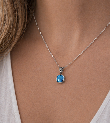 Simply Savvy Bali Artisan Sterling Silver London Blue Topaz Pendant – Handcrafted 925 Silver Luxury Cushion Gemstone Pendant
