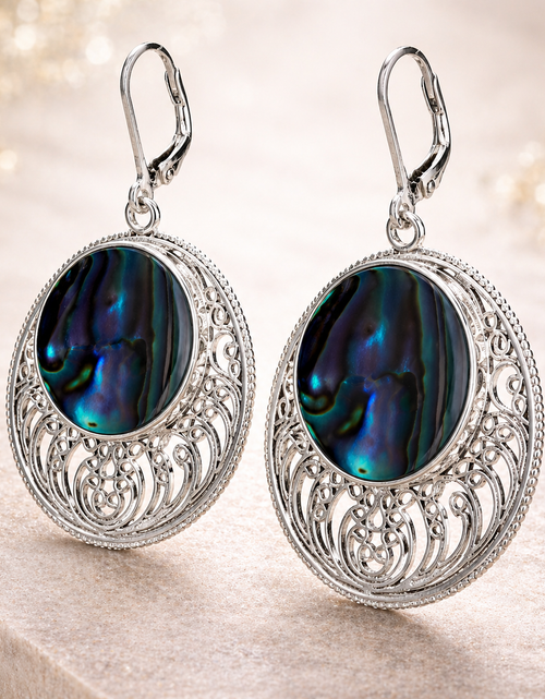Load image into Gallery viewer, “Ocean Halo Abalone” Openwork Disc Drop Earrings – Rhodium Over Sterling Silver
