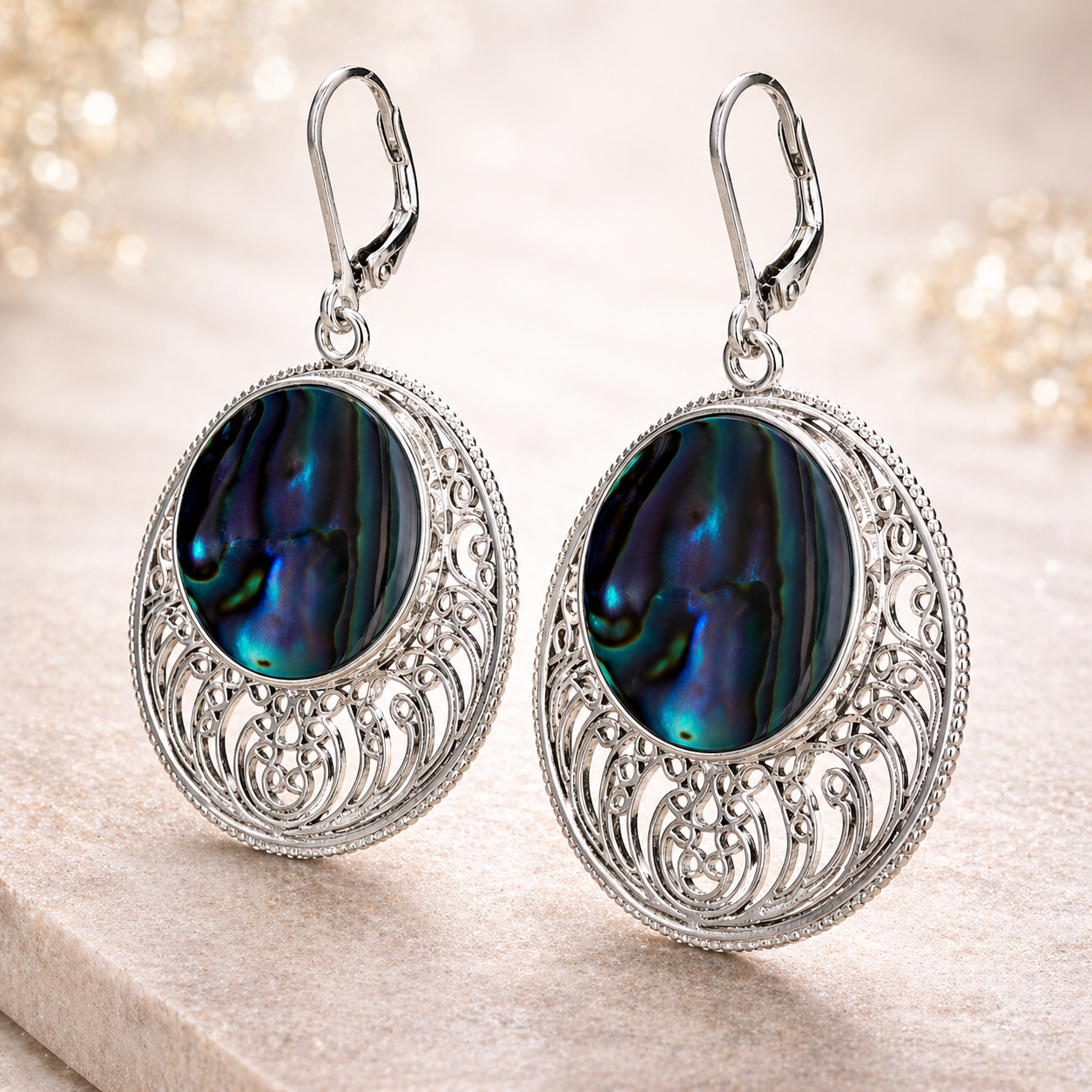 “Ocean Halo Abalone” Openwork Disc Drop Earrings – Rhodium Over Sterling Silver
