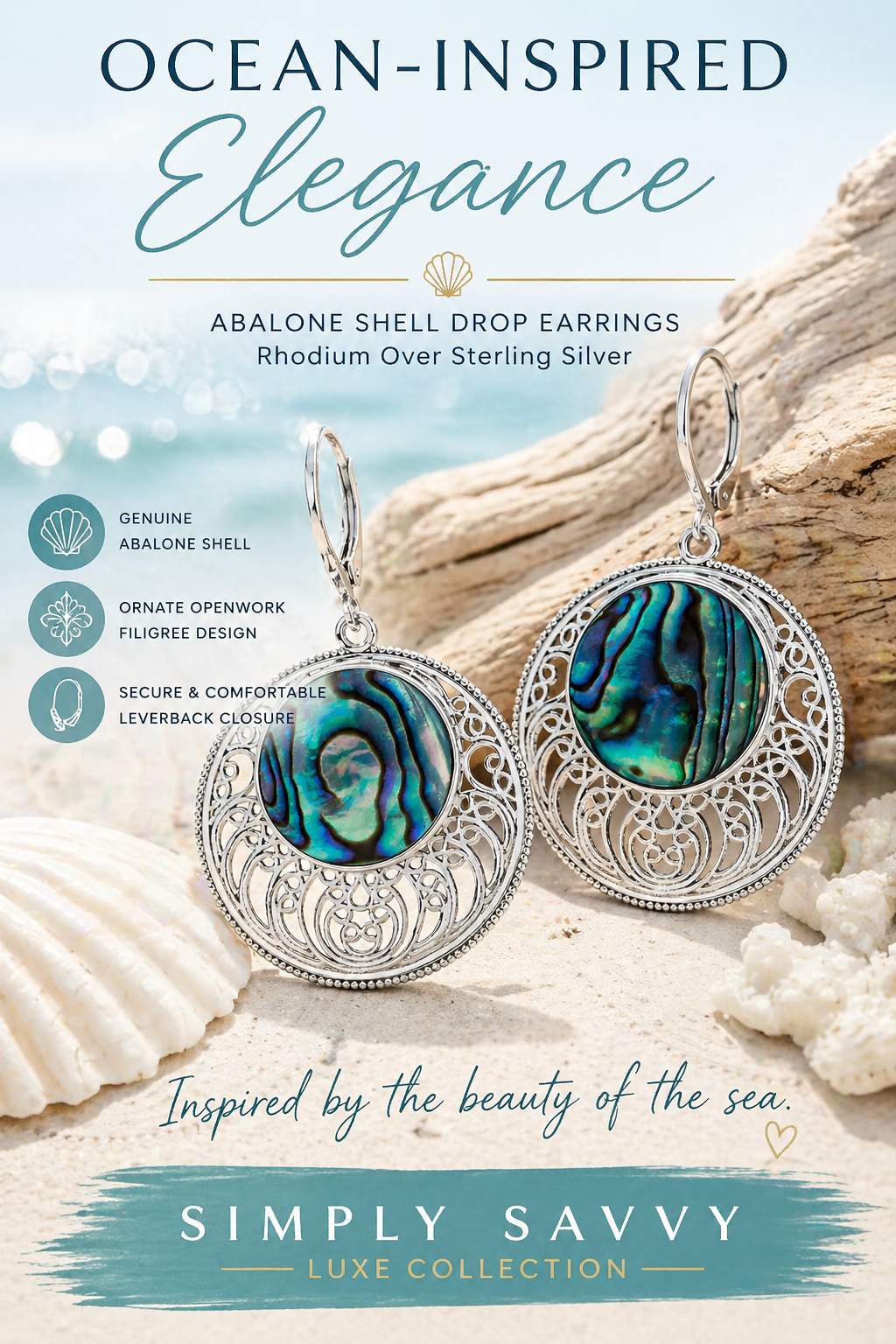“Ocean Halo Abalone” Openwork Disc Drop Earrings – Rhodium Over Sterling Silver