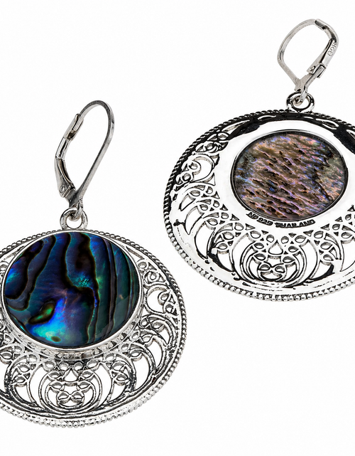 Load image into Gallery viewer, “Ocean Halo Abalone” Openwork Disc Drop Earrings – Rhodium Over Sterling Silver
