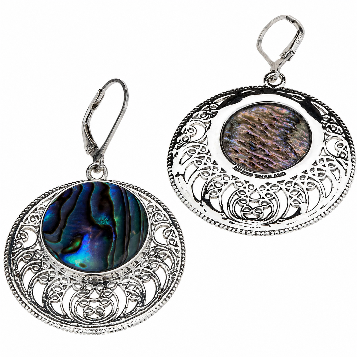 “Ocean Halo Abalone” Openwork Disc Drop Earrings – Rhodium Over Sterling Silver