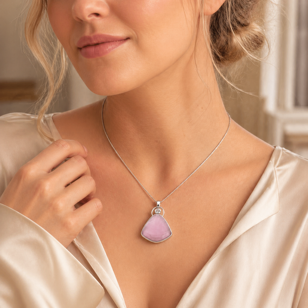 Blush Aura Rose Quartz Pendant Necklace in Rhodium-Plated Sterling Silver