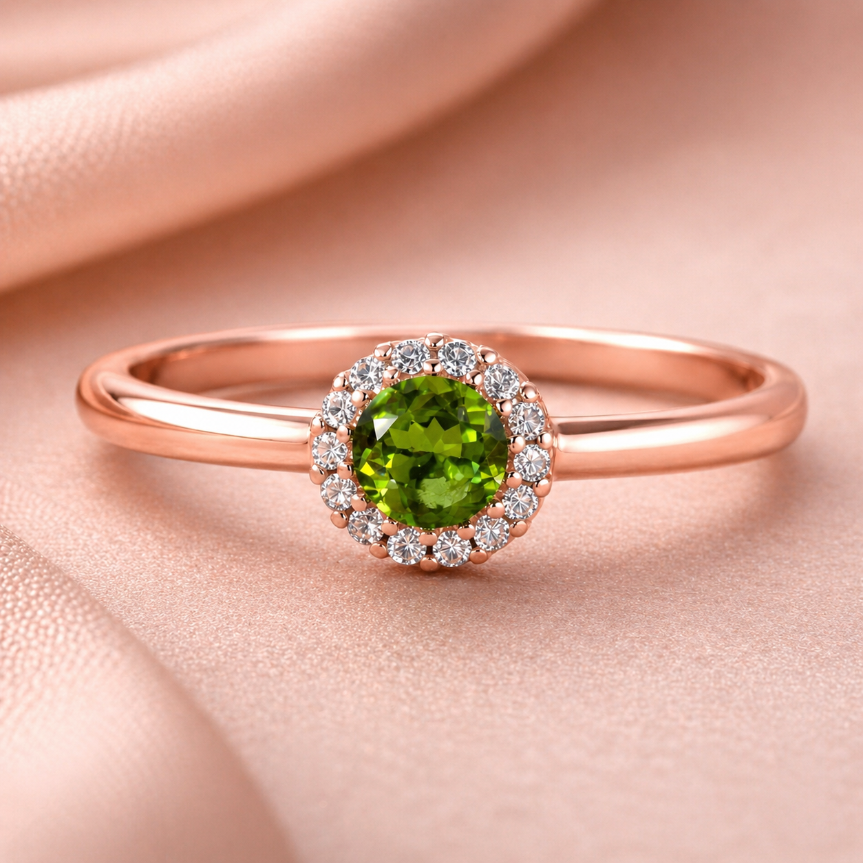 Emerald Glow Peridot Halo Ring-Certified 0.52 CTW Natural Peridot & Diamond Halo Ring