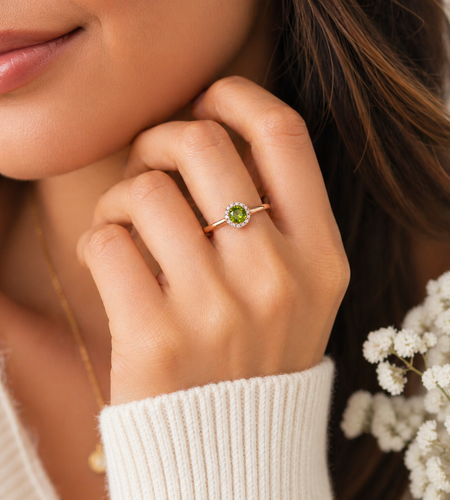 Emerald Glow Peridot Halo Ring-Certified 0.52 CTW Natural Peridot & Diamond Halo Ring