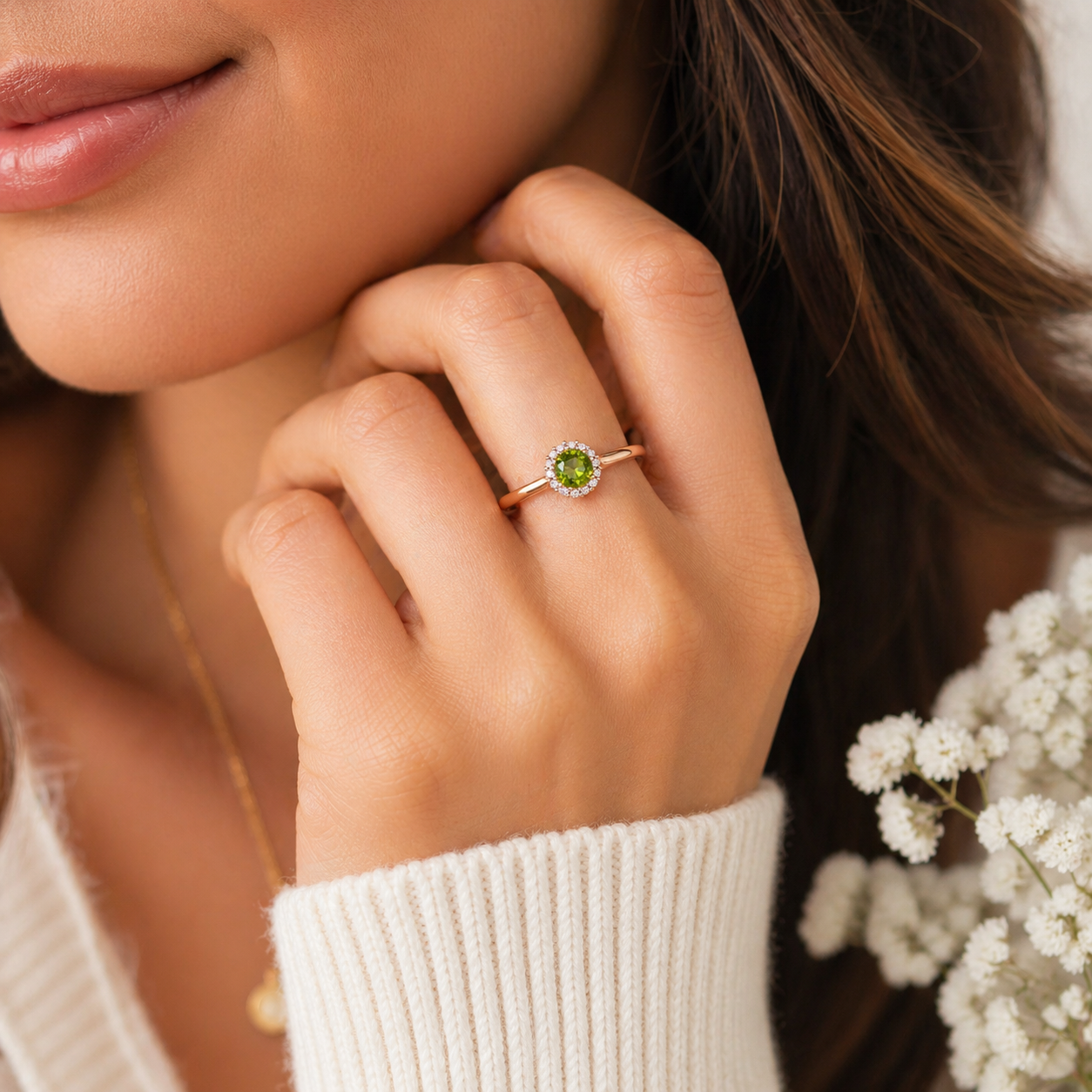 Emerald Glow Peridot Halo Ring-Certified 0.52 CTW Natural Peridot & Diamond Halo Ring
