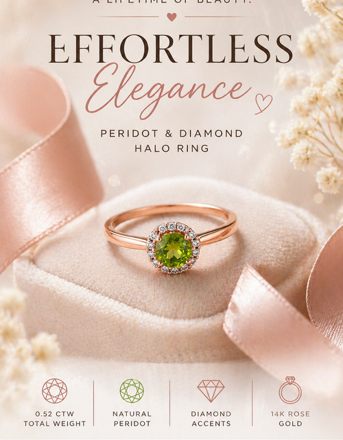 Load image into Gallery viewer, Emerald Glow Peridot Halo Ring-Certified 0.52 CTW Natural Peridot &amp; Diamond Halo Ring
