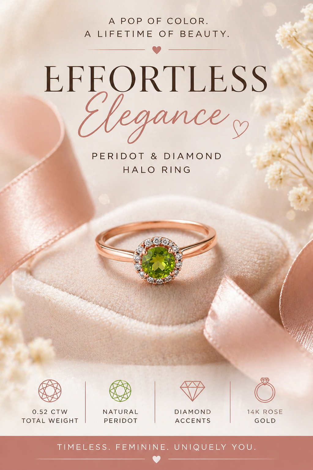 Emerald Glow Peridot Halo Ring-Certified 0.52 CTW Natural Peridot & Diamond Halo Ring