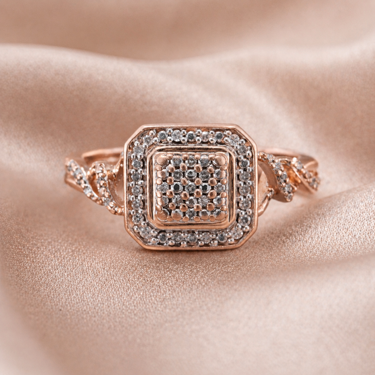Blush Radiance Diamond Cluster Ring-10K Rose Gold Diamond Cluster Ring with Side Accents
