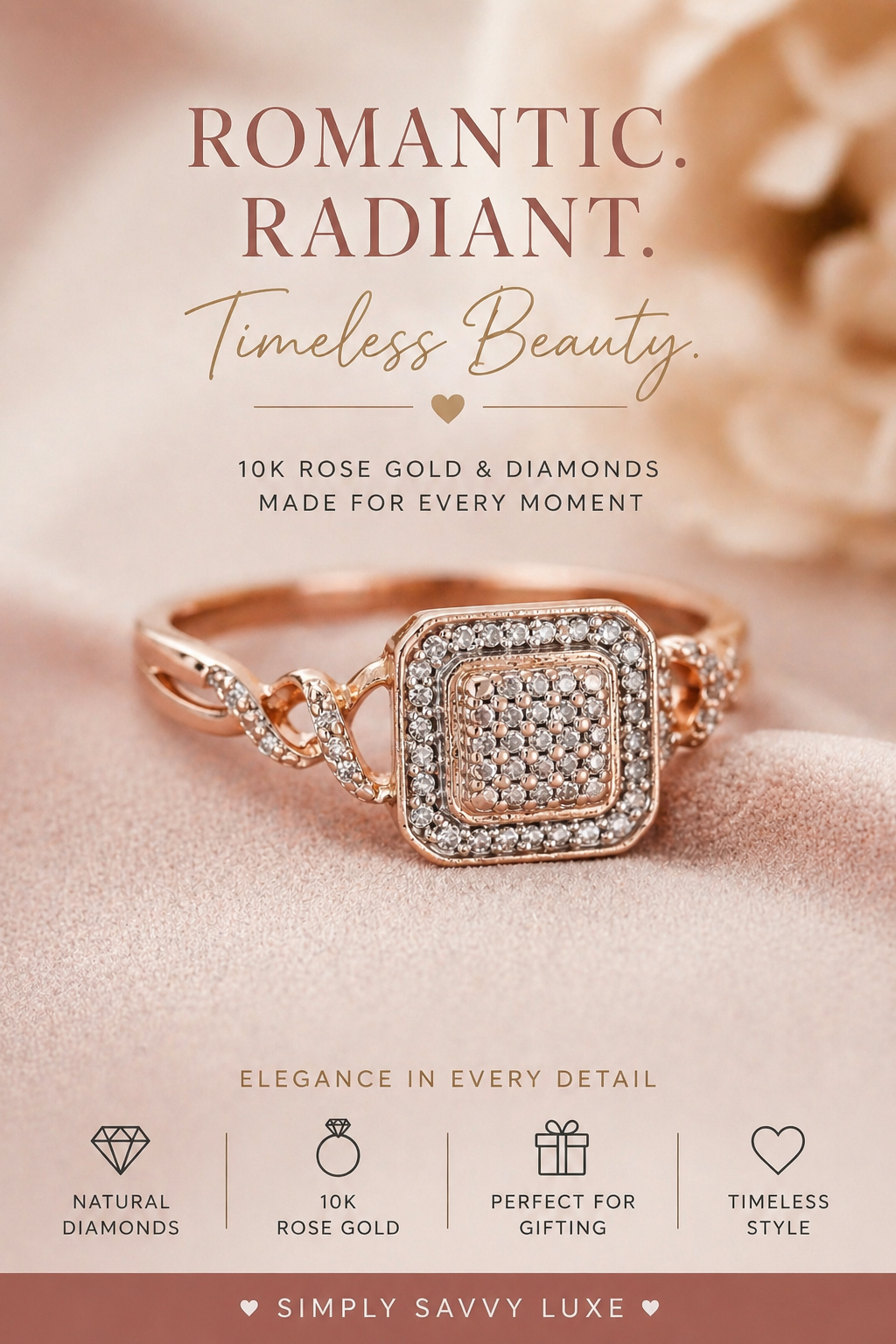 Blush Radiance Diamond Cluster Ring-10K Rose Gold Diamond Cluster Ring with Side Accents